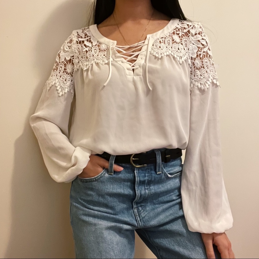 Express Lace-Up Crochet White Long Sleeve Blouse